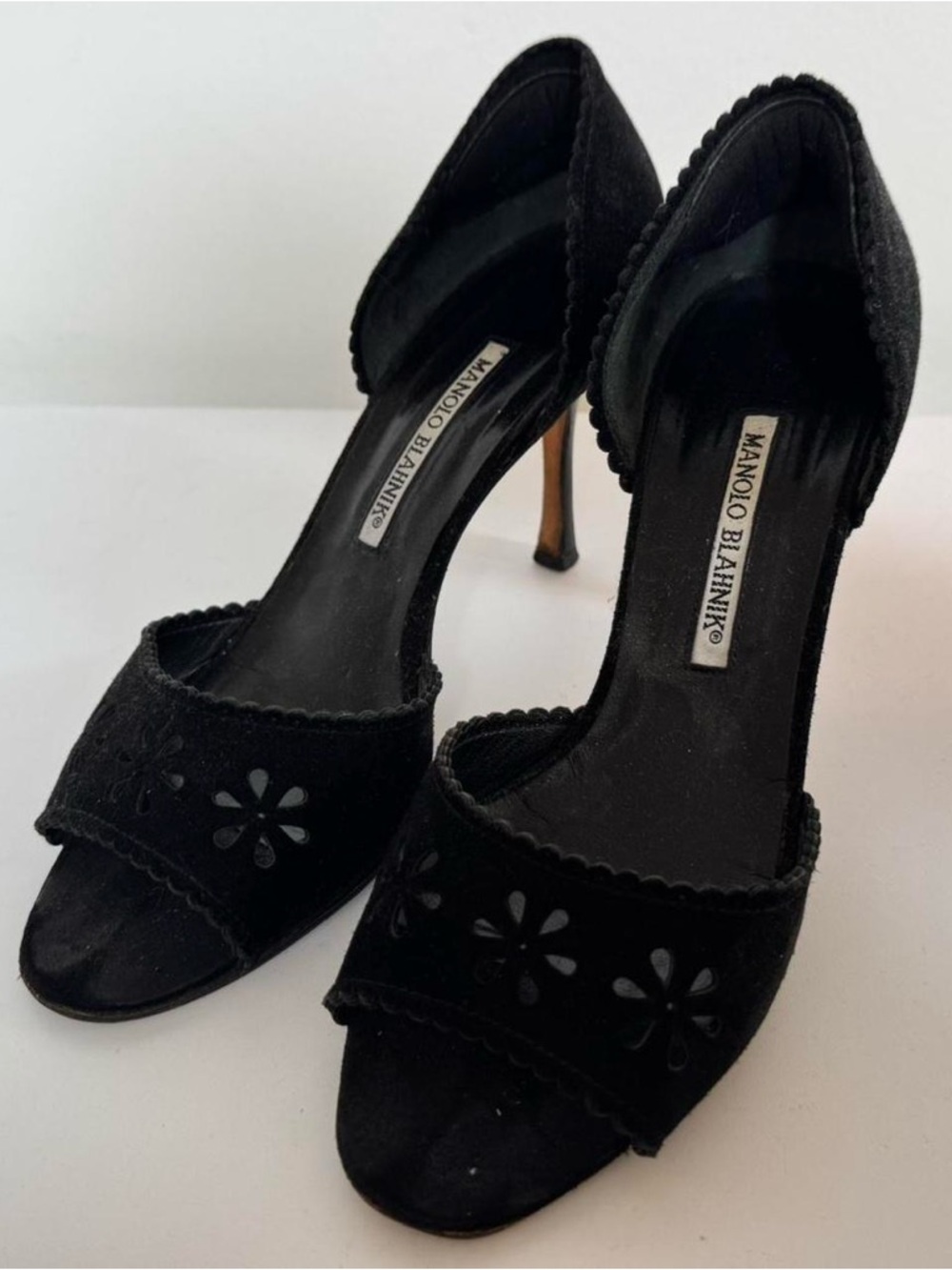 Manolo Blahnik Black Suede D'Orsay Peep-Toe Heel with Floral Cutouts